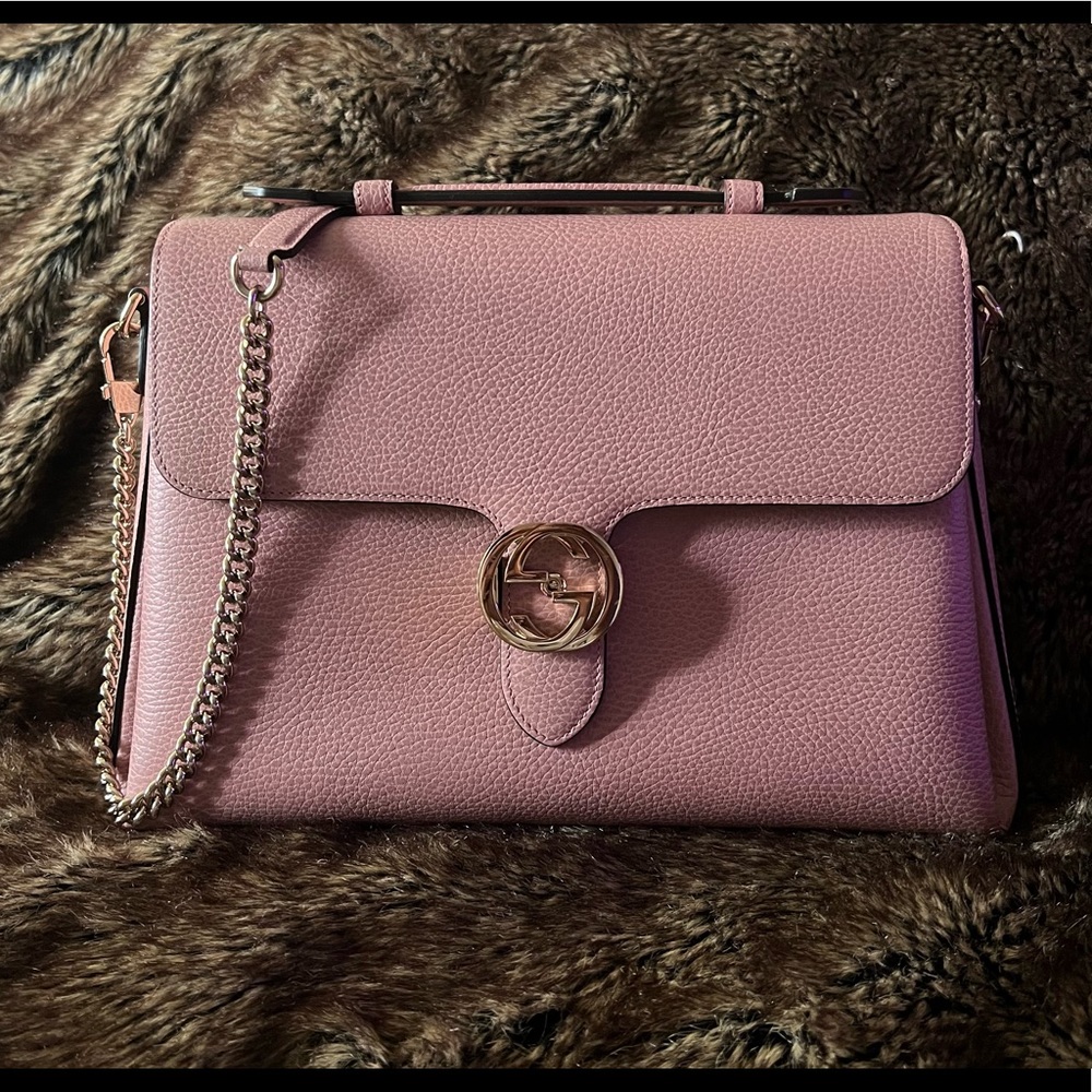 Gucci Top Handle Large Bag~Interlocking G~Bag Pink Leather Satchel *Like New